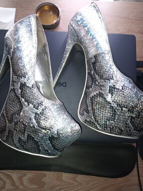 Liliana Silver Holographic Snake-Embossed Platform Heels